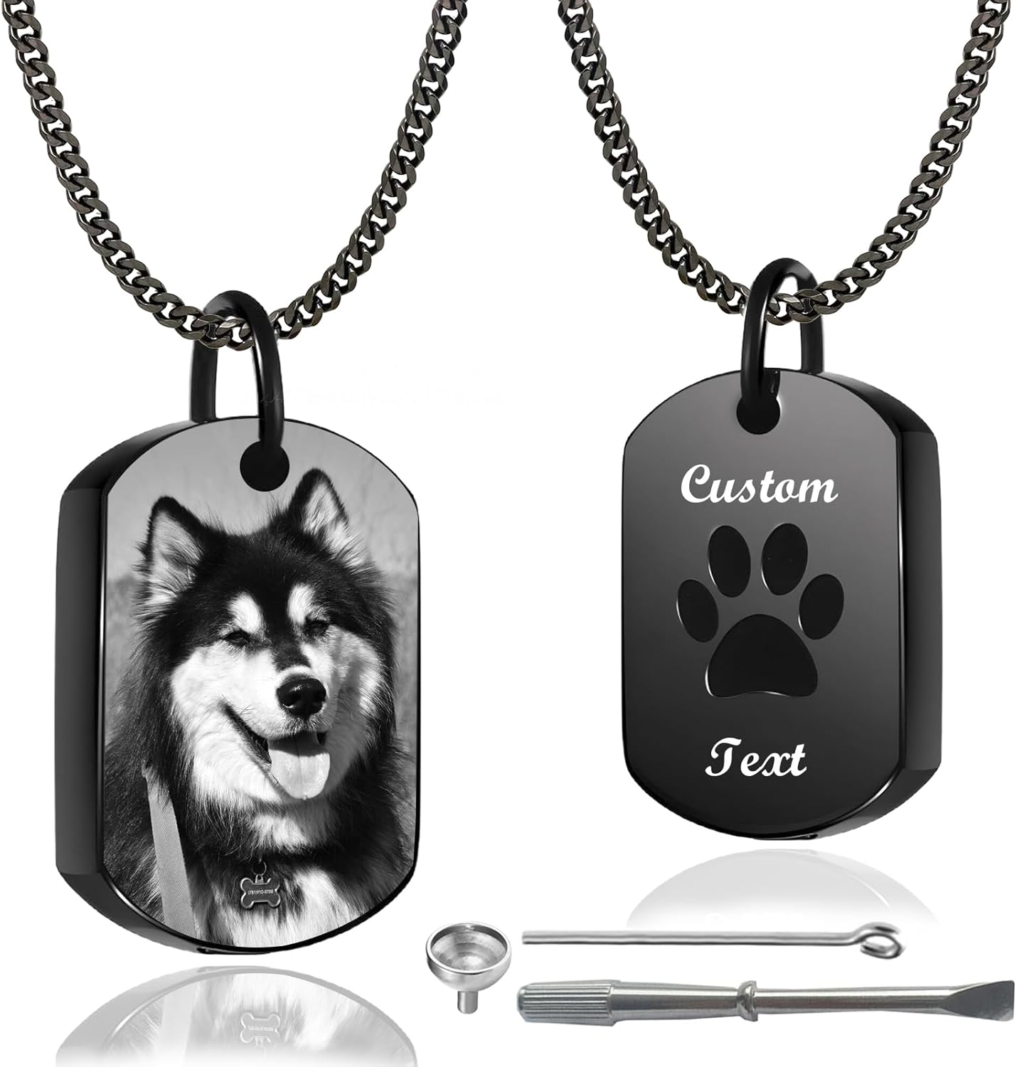 Personalized Pet Urn Necklace for Dog Ashes Custom Engraving Photo Text Pet Cremation Jewelry Customize Memorial Gift for Pet Dog Cat Ashes Necklace (03-Black)