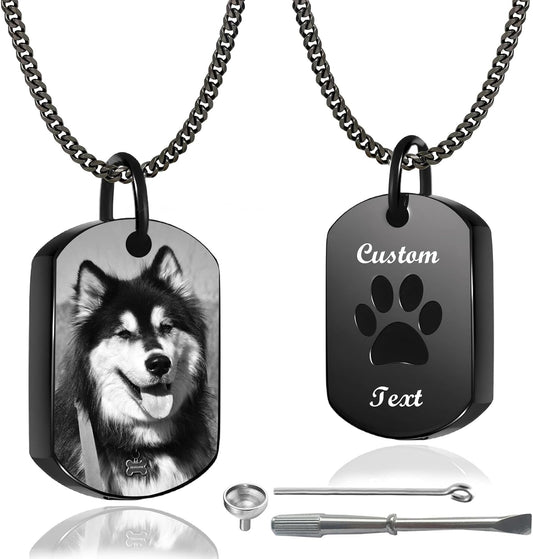 Personalized Pet Urn Necklace for Dog Ashes Custom Engraving Photo Text Pet Cremation Jewelry Customize Memorial Gift for Pet Dog Cat Ashes Necklace (03-Black)
