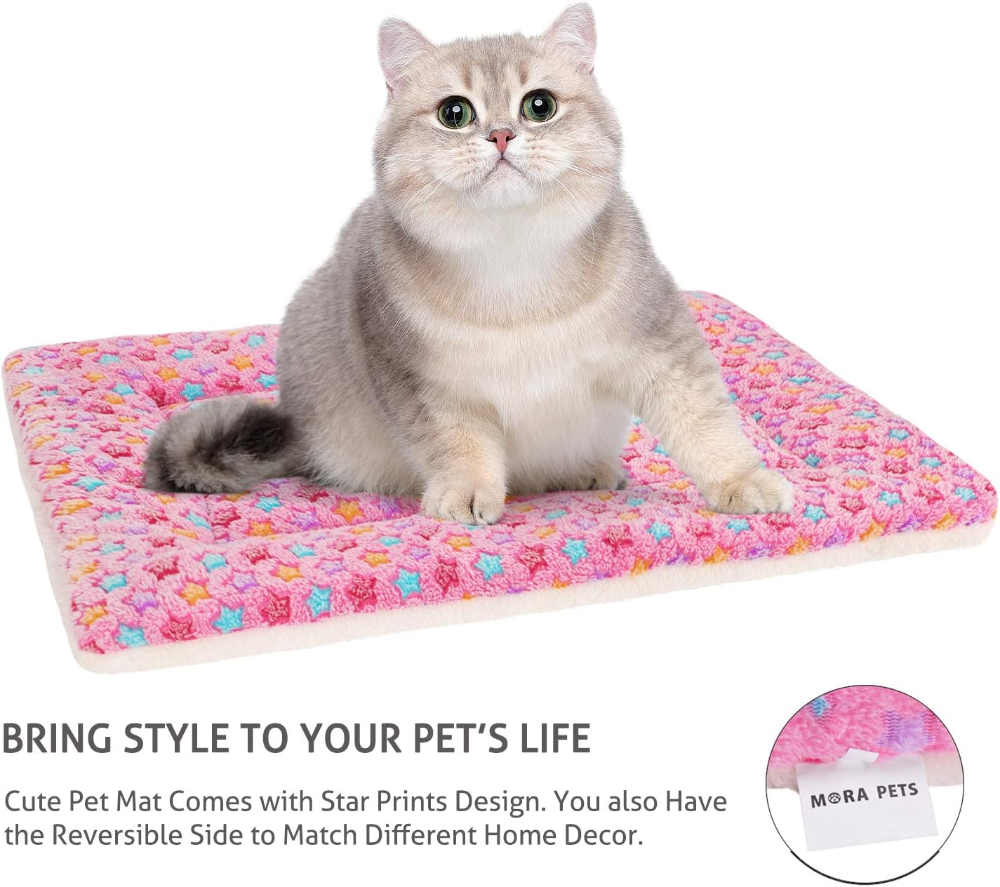 Mora Pets Cat Bed Dog Crate Pad Ultra Soft Pet Bed with Cute Star Print Washable Crate Mat for Small Dogs and Indoor Cats Reversible Fleece Dog Kennel Pad Cat Carrier Mat 14 x 17.5 inch Pink