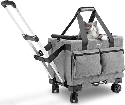 Pecute Cat Carrier with Wheels,Steel Wire Frame Cat Carrier, Stable Pet Trolley Bag for Cats, Pet Handbag and Stroller, Portable Cat Carrier Bag for Car Travel Bus Subway, Grey