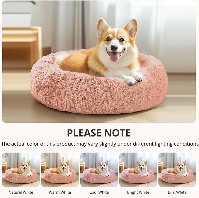 JOLLYVOGUE Calming Dog & Cat Bed for Small Dogs, Anti-Anxiety Donut Cuddler Cozy Soft Round Bed with Anti-Slip Bottom, Fluffy Faux Fur Plush Cushion Beds for Small Medium Dogs (27")