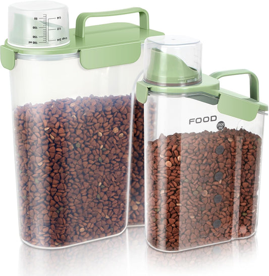 Dog Food Storage Container, Upgraded Large Nozzle BPA-free, 3-5 LBS Plastic Pet Food Storage Containers, With 4 Sealed Clasps, 1 Measuring Cup and Handle (Avocado Green (3L+5L))