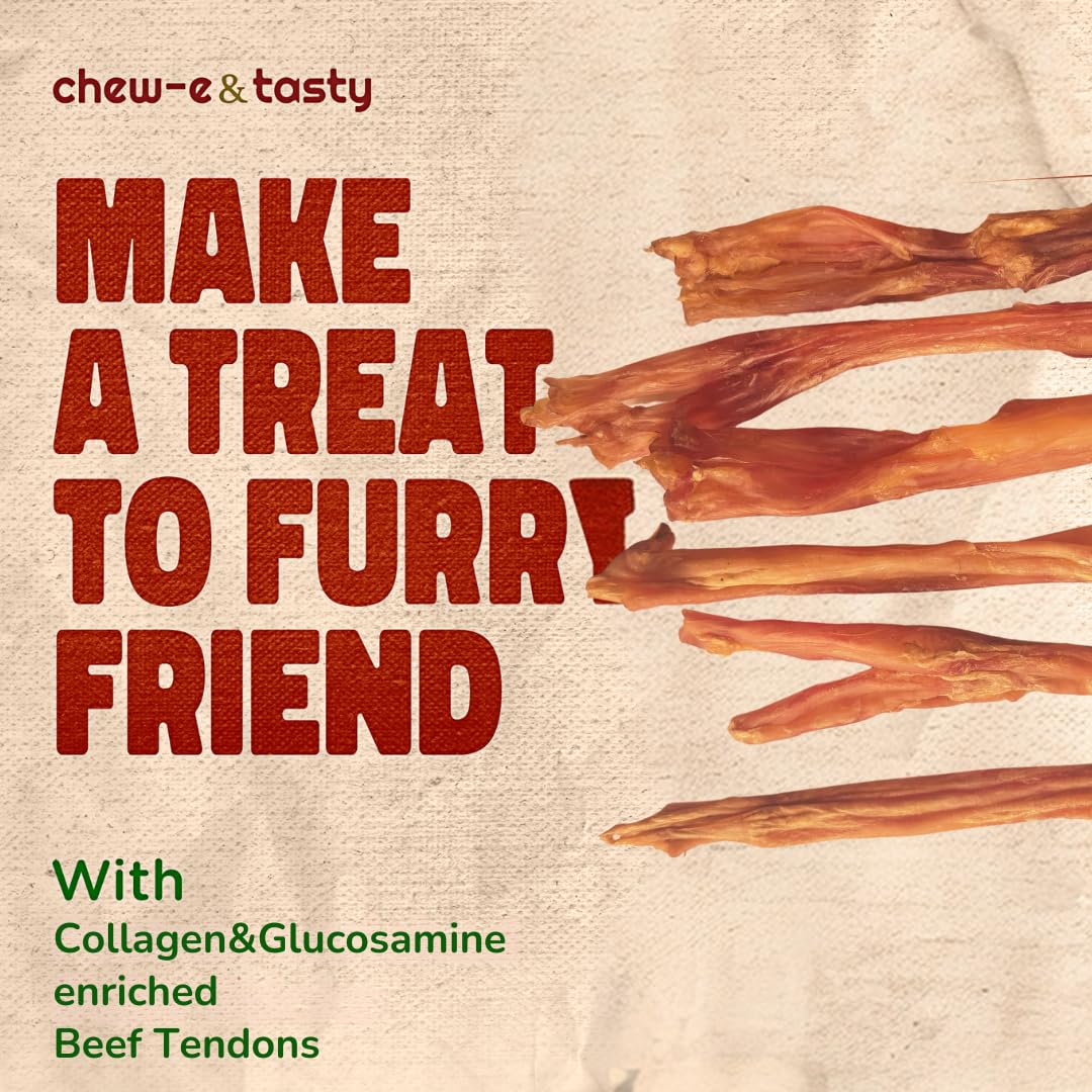 chew-e&tasty Beef Tendon Chews for Dogs (7-10 Inch, 6 Pack), All Natural Rawhide Free Dog Chews, Long Lasting w/Chondroitin & Glucosamine, Dental Health for Small, Medium, Large Dogs