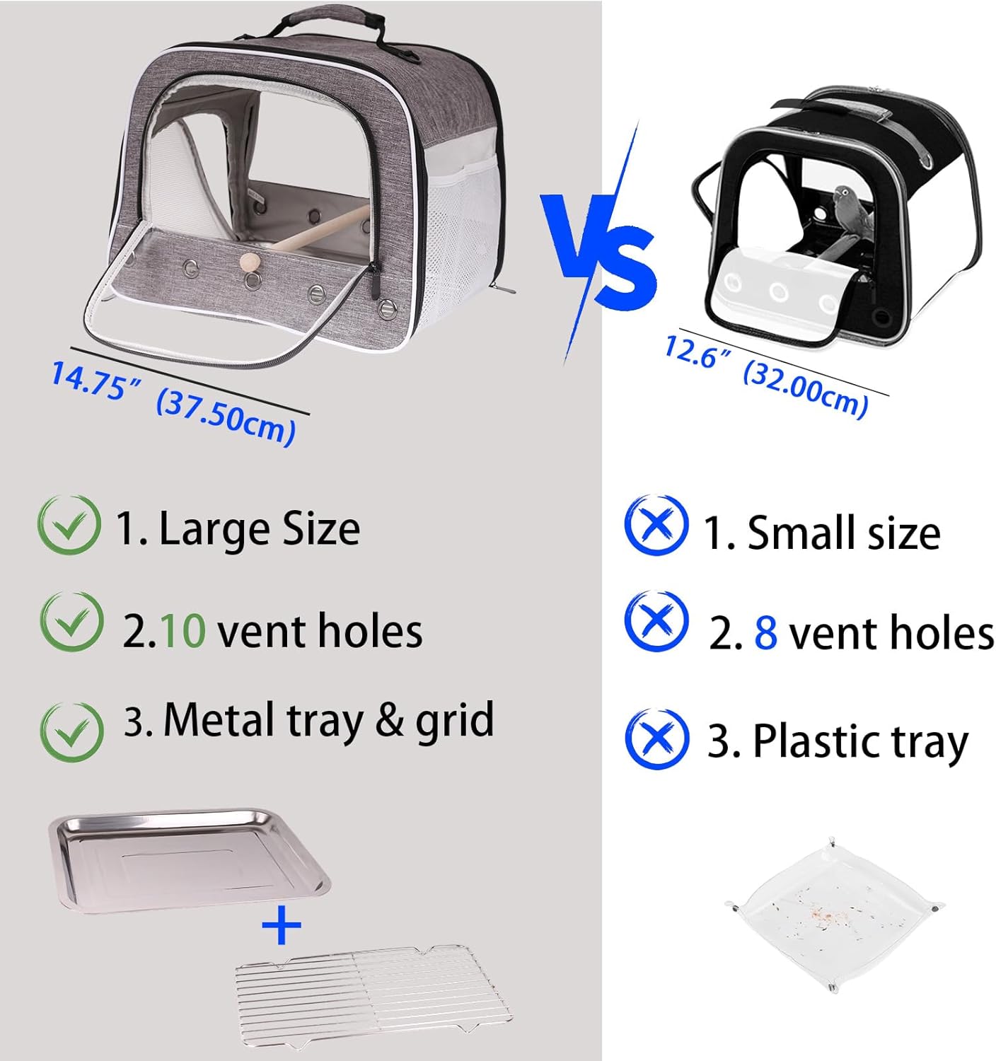 Bird Carry Carrier to Transport Large Size Parrot, Portable Bag with Metal Tray and Grid for Medium and Large Birds Like African Grey, Long Tail Cockatiel and Parrot