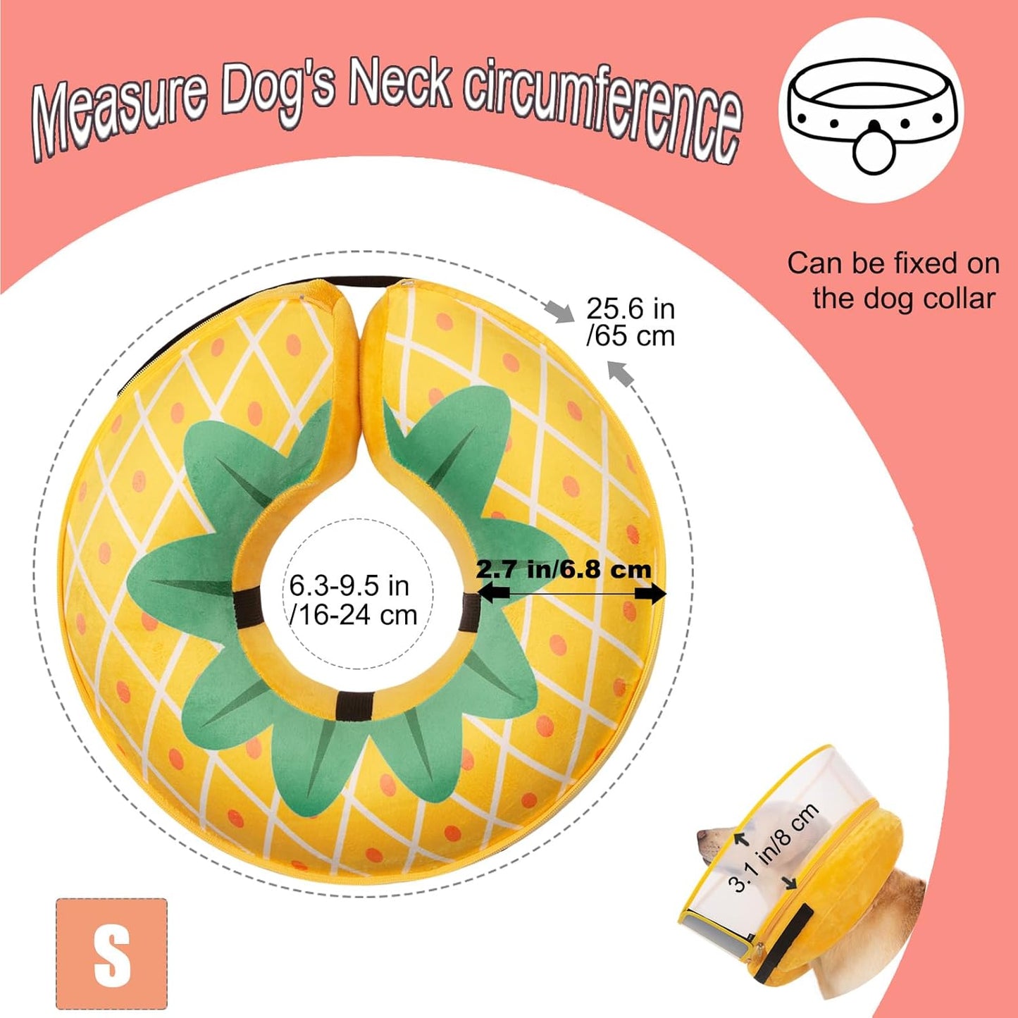 Inflatable Dog Cone Collar for Large Medium Small Dogs, Soft Dog Donut Collar Adjustable Recovery Cone for Pets After Surgery, Extra Enhanced Anti-Licking Guard Shield (Pineapple, Small)