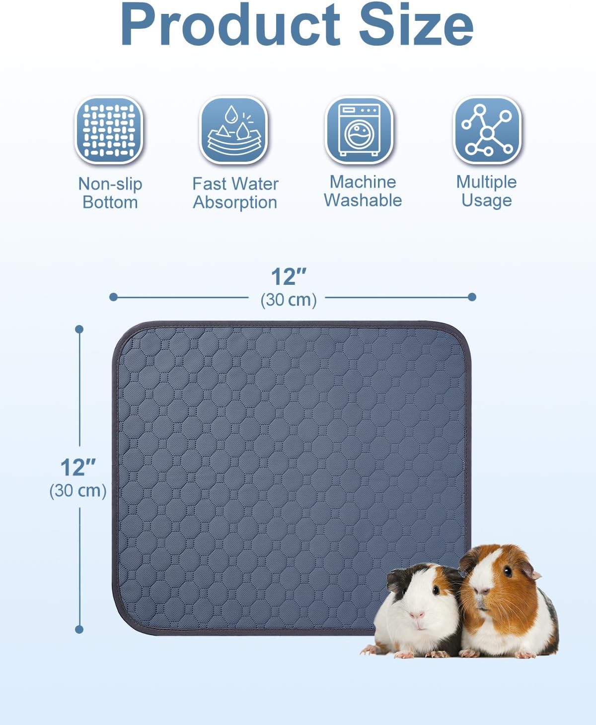 4 Pack 12" x 12" Guinea Pig Cage Liner, Washable Reusable Guinea Pig Bedding, Waterproof Absorbent Guinea Pig Pee Pad Non-Slip Mat for Small Animals Rabbit Hamster Rat Chinchilla