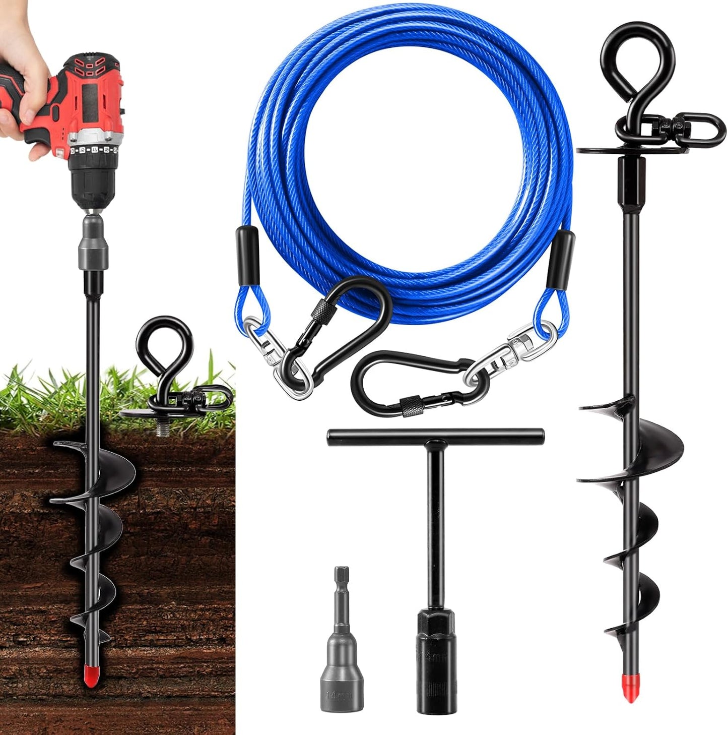 Heavy Duty Dog Tie Out Cable and Stake,30FT Rust Proof Dog Leads Cable for Yard with Swivel Hook,360°Swivel Spiral Dog Stake&Chain Up to 200 lbs,Removable Ground Anchor for Outdoor Beach Camping