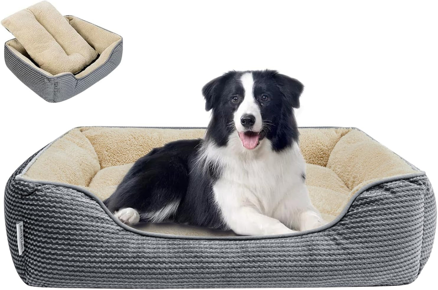 Miguel Dog Bed with Removable Cushion/Pillow for Medium Small Dogs, Washable Pet Bed with Side Easy to Wash Puppy Bed, Large Rectangle Cat Bed for Indoor Cat with Anti-Slip Bottom, Gray 35 Inch