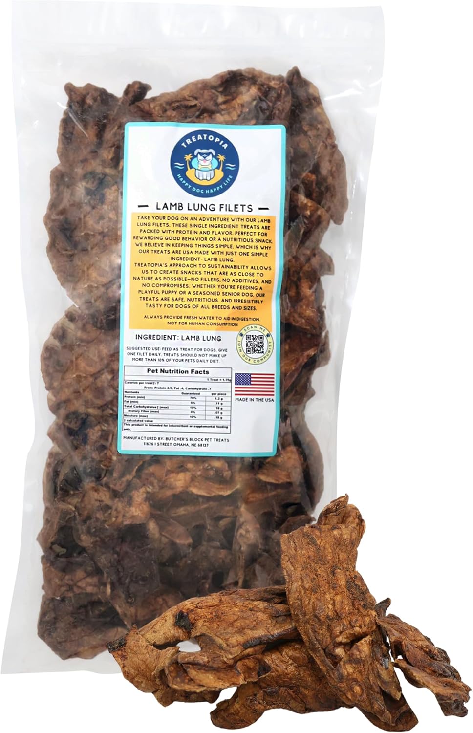 Lamb Lung Filet Dog Treats, 1 LB Bag - All-Natural, Sustainable, Healthy, High Protein, Hand-Trimmed, Slow-Roasted, Made in The USA, Nutritious, No Additives, No Fillers