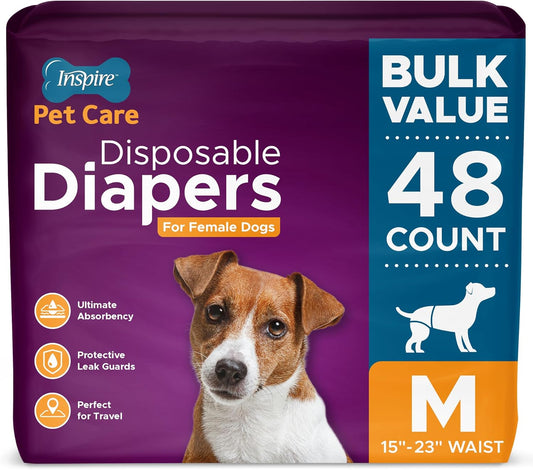 Inspire Pet Care Dog Diapers Female Dogs | Bulk Value Doggie Incontinence, Accidents, for Heat, Pee or Period and Housebreaking (Medium (48 Count))