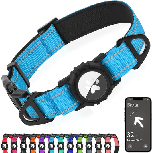 Joytale Airtag Dog Collar, Reflective Pet Collar with Waterproof AirTag Holder, Dual D-Rings, Soft Padded Adjustable for Extra Large Dogs, SkyBlue, XL