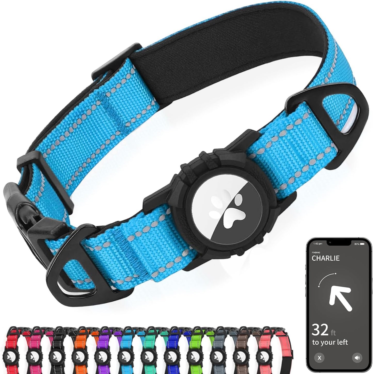 Joytale Airtag Dog Collar, Waterproof Dual D-Rings, Reflective Pet Collar with AirTag Holder, Soft Padded Adjustable for Medium Dogs, SkyBlue, M