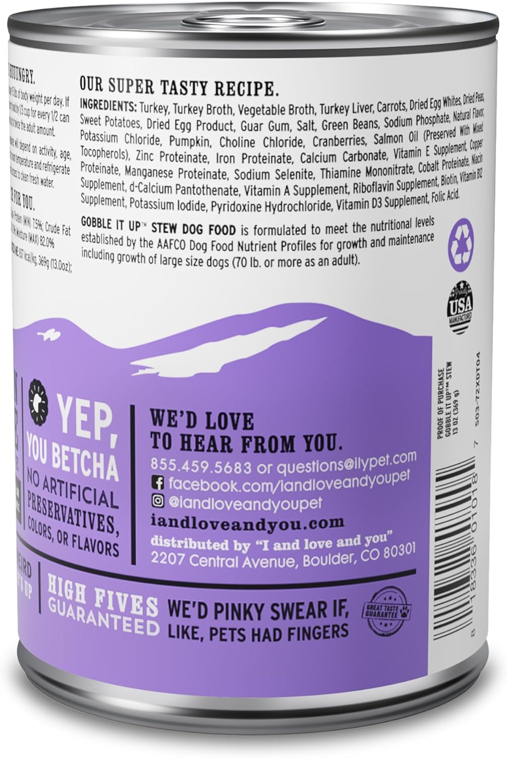 I AND LOVE AND YOU Wet Dog Food - Gobble It Up Stew - Turkey Recipe, Grain Free, Filler Free 13oz can, 12pk