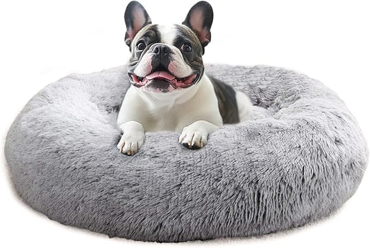 JOLLYVOGUE Large Calming Dog Bed, Anti-Anxiety Donut Cuddler Cat Bed with Anti-Slip Bottom, Fluffy Faux Fur Machine Washable Pet Cushion for Medium Large Dog & Cat, 36"/Smoke Gray
