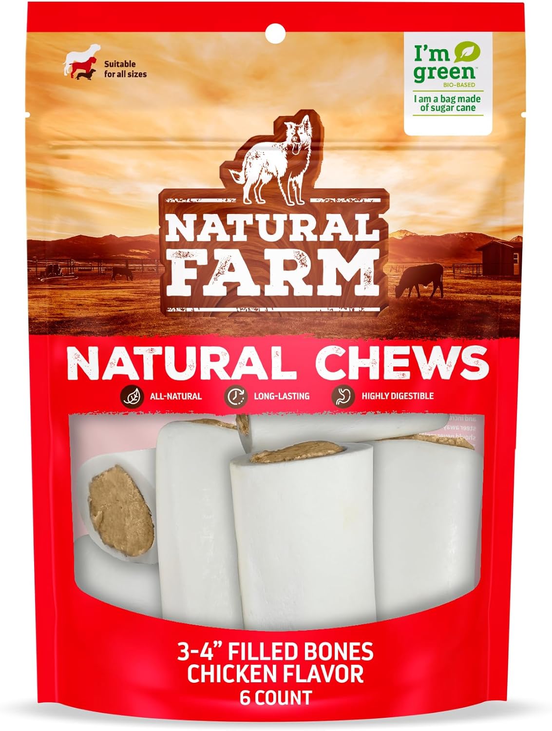 Natural Farm Chicken Filled Bones (3-4 Inch, 6 Pack), Limited Ingredient, Natural Stuffed Dental Dog Bone Treats for Dogs, Made with Real Chicken
