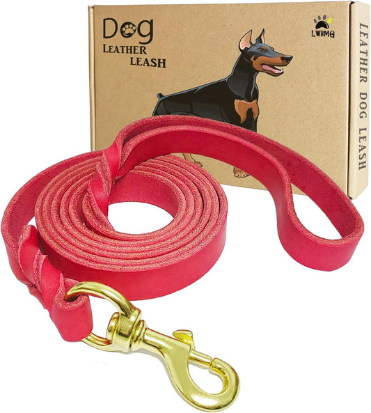 LWBMG Leather Dog Leash 4ft, Heavy Duty Dog Lead, Strong Genuine Leather Braided Pet Leash, Soft and Comfortable Pet Leashes for Large, Medium Dogs Training Red
