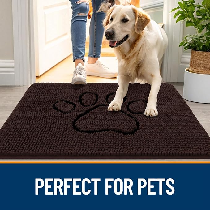 OLANLY Door Mat for Muddy Dog Paws 36x24, Absorbent Chenille Mud Doormat with Paw Print Design, Non-Slip Washable Doormat for Indoor Entryway, Quick-Dry Pet Bed Mats for Dirty Dogs, Brown and Black