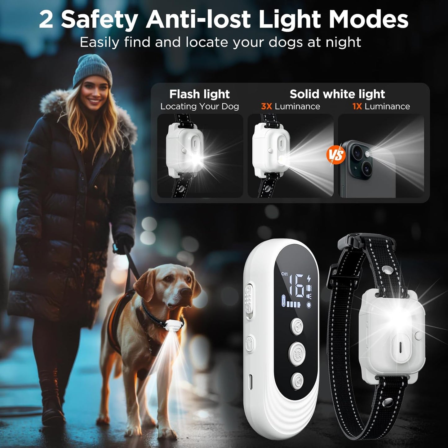 Dog Shock Collar, 3300ft Dog Training Collar with Remote, IPX7 Waterproof Rechargeable Sleek Modern Shock Collar for Small, Medium, Large Dogs with Beep, Vibration, Safety Shock, Light Mode, 8-120 lbs