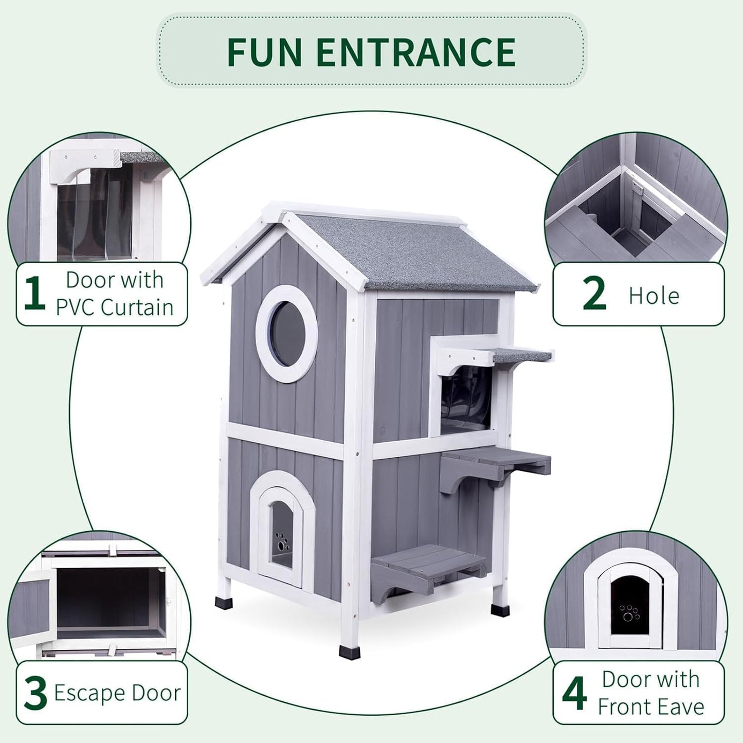 GEGURI Outdoor Cat House Winter-Proof, Two-Story Insulated Cat Shelter for Feral Cats with Thermal Layer, Removable Roof, Balcony & Escape Door, Weatherproof & Warm Shelter for Cats