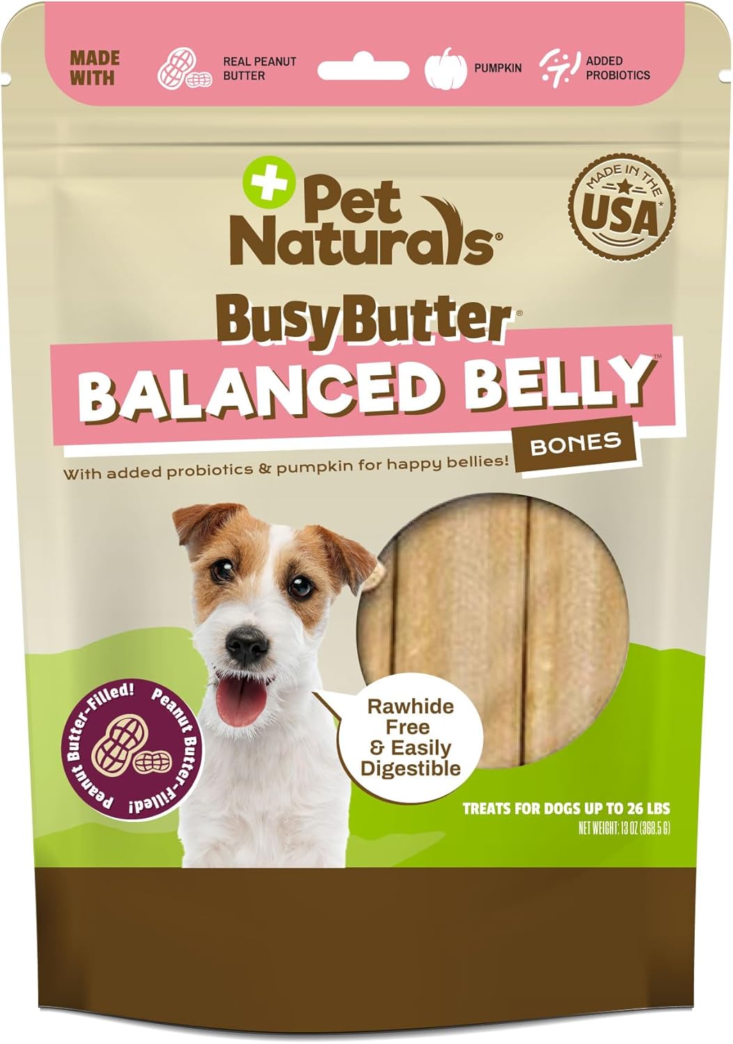 Pet Naturals BusyButter Balanced Belly Peanut Butter Bones, Rawhide-Free Chews for Small Dogs, Long Lasting Chew Bones, Probiotics & Pumpkin for Gut Health, 22 Count