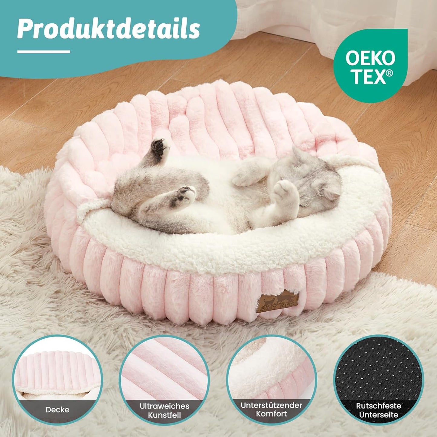 Cat Bed with Hooded Blanket, Round Fluffy Anti-Anxiety Pet Bed for Cats/Toy Breed Dogs, Cozy Donut Cuddler with Machine Washable Faux Fur & Anti-Slip Bottom(20"×20"×6",Pink)