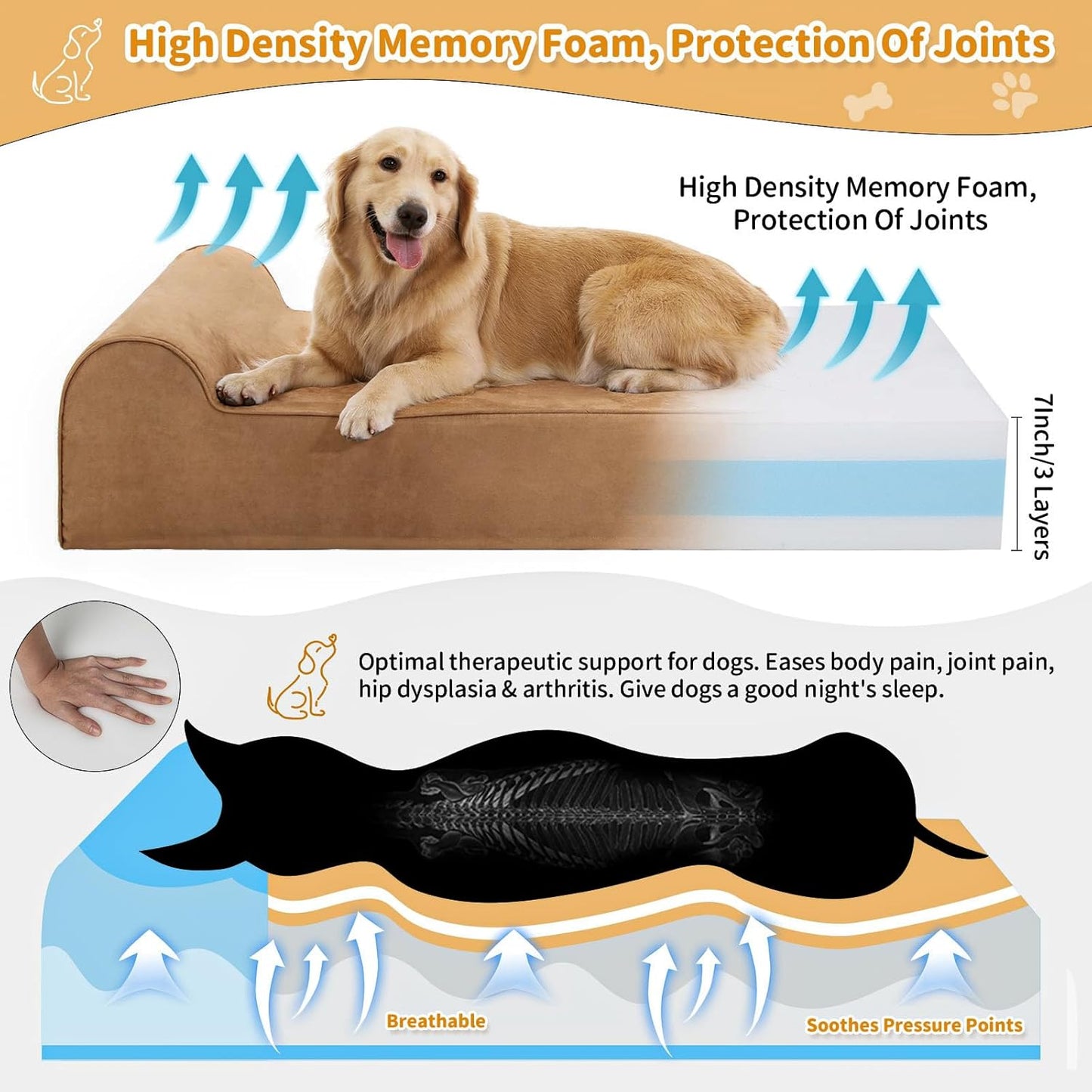 Orthopedic Dog Beds for Large Dogs, Memory Foam Dog Beds with Waterproof Liner, Chew Proof Microsuede Cover, Removable and Washable, Nonskid Bottom, 48"x30"x7" Khaki