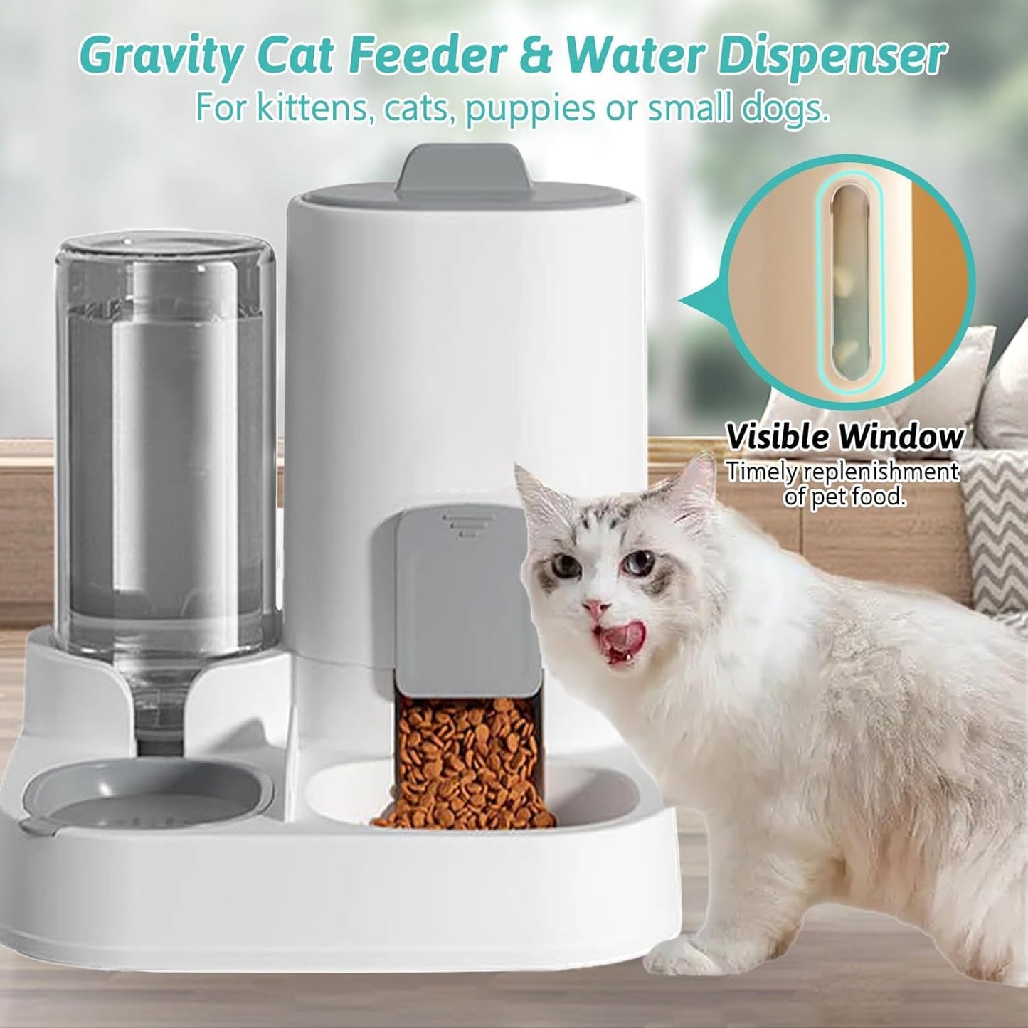 Gravity Cat Feeder and Water Dispenser, 2 in 1 Automatic Pet Waterer Detachable Food Bowls Set Pet Food Storage for Small Cat Kitten Dog Puppy Pet Easy Clean (Grey)