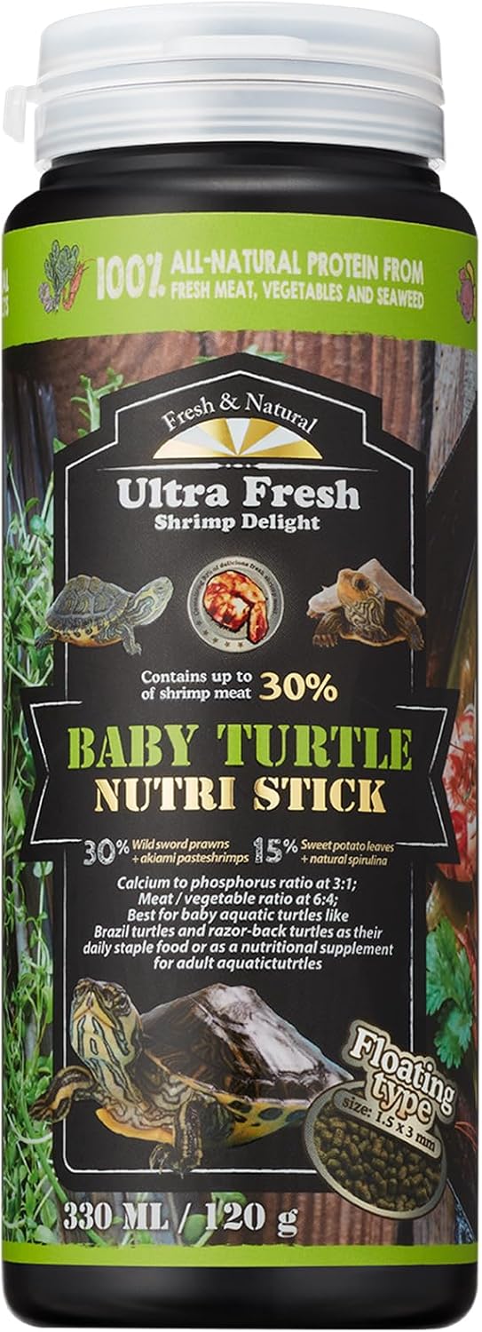 Ultra Fresh Floating Baby Turtle Food, All Natural Ingredients, Wild Sword Prawn, Calcium Vitamin D Enriched for Picky Aquatic Turtles, Baby Turtle Nutri Stick 3.35 oz