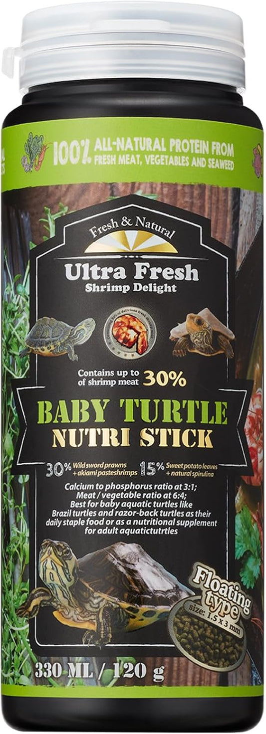 Ultra Fresh Floating Baby Turtle Food, All Natural Ingredients, Wild Sword Prawn, Calcium Vitamin D Enriched for Picky Aquatic Turtles, Baby Turtle Nutri Stick 3.35 oz