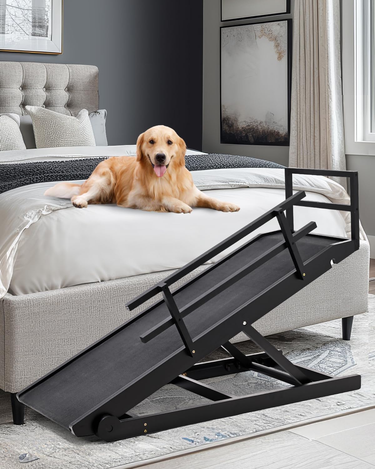 Dog Ramp for Bed, Dogs Bed Ramps for Large Dogs, Pet Ramp for Doggie to Get on Beds, 5-Position Pet Ramps for Large/Medium Dog for Couch/Car, Adjustable from 17" to 32" Height