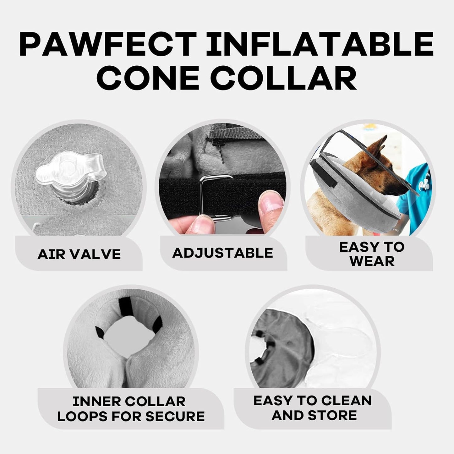 Inflatable Dog Cone Collar-Enhanced Anti-Licking Protective Cone with Adjustable Strap-Soft Dog Donut Collar Recovery Cone for Pets After Surgery(Grey, L)