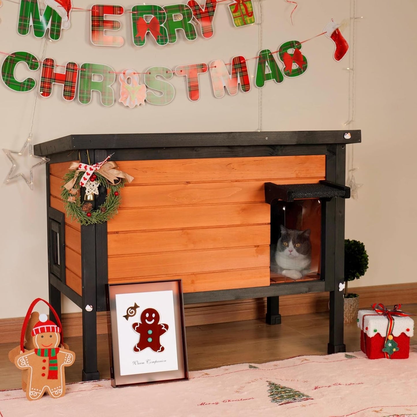 Outdoor Insulated Cat House Feral Cat Enclosure Cat Shelter Weatherproof for Winter with All-Round Foam Escape Door