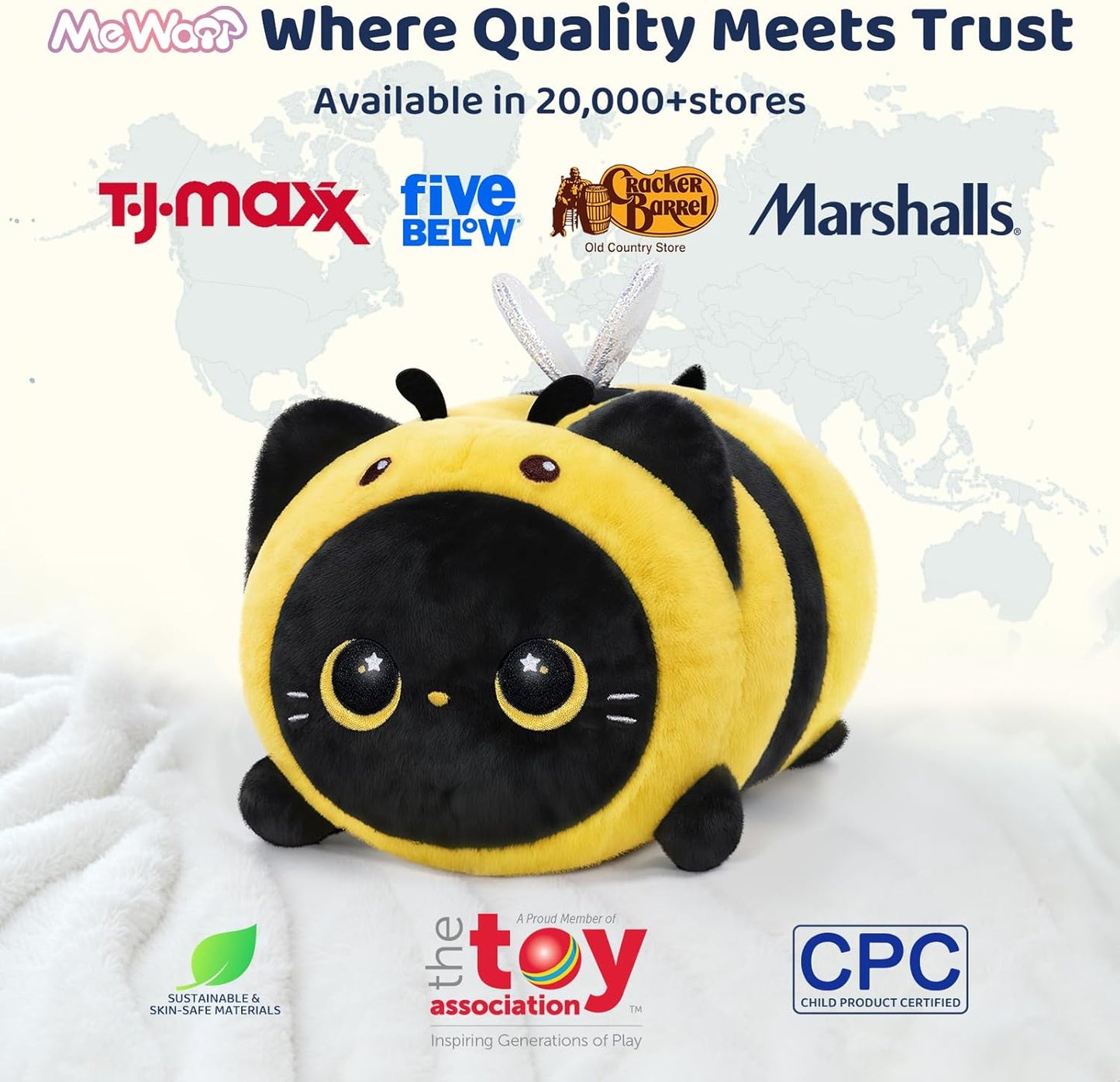 Cute Black Cat Bee Plush Pillow, Kawaii Plushies Bee Stuffed Animal Toy, Kitten Plushies with Honeybee Outfit Costume, Soft Squishy Birthday Gifts for Kids & Girls (16 Inch)