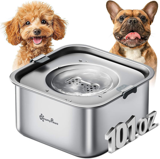 DownyPaws No Spill Water Bowl for Dogs,101oz/3L Stainless Steel Slobber Stopper, No Drip Slow Drinking Dog Water Bowl, No Mess Dog Water Dispenser Spill Proof, Dishwasher Safe, Silver