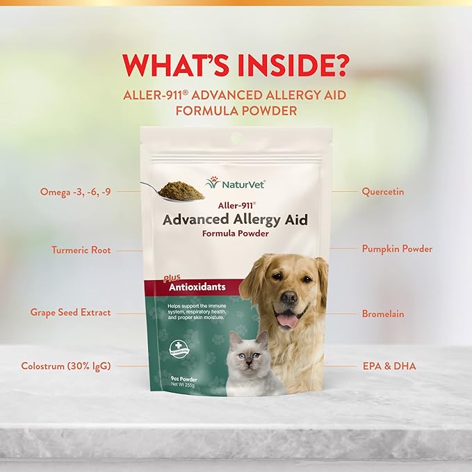 NaturVet Aller-911 Advanced Allergy Aid Formula Powder for Dogs and Cats 9 oz Powder & All-in-One Dog Supplement for Joint Support, Digestion, Skin, Coat Care – Dog Multivitamins – 13-Ounce Powder