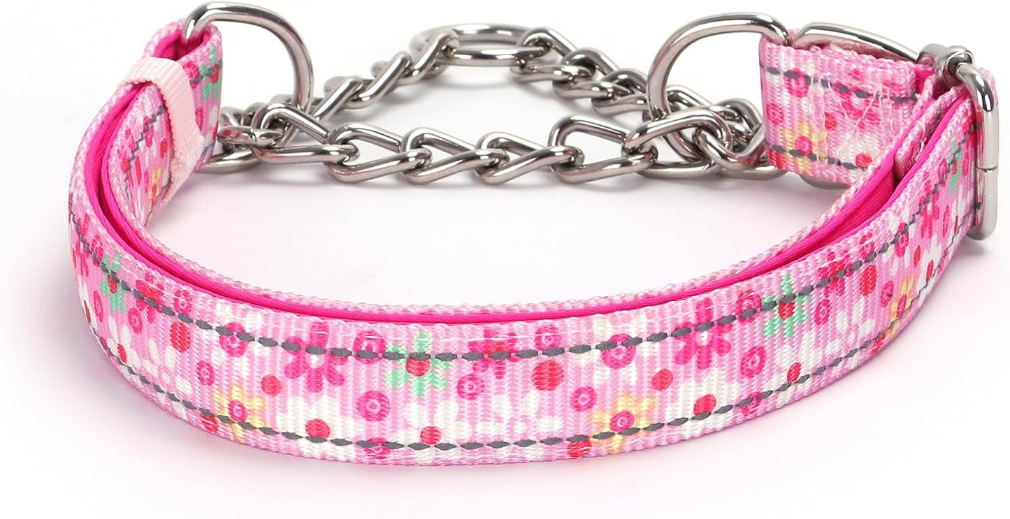 Martingale Collar with Stainless Chain No Pull Slip Cinch Choker Choke Collar Training Escape Proof Heavy Duty Dog Collar for Small Medium Large Pet Boy Male Dogs