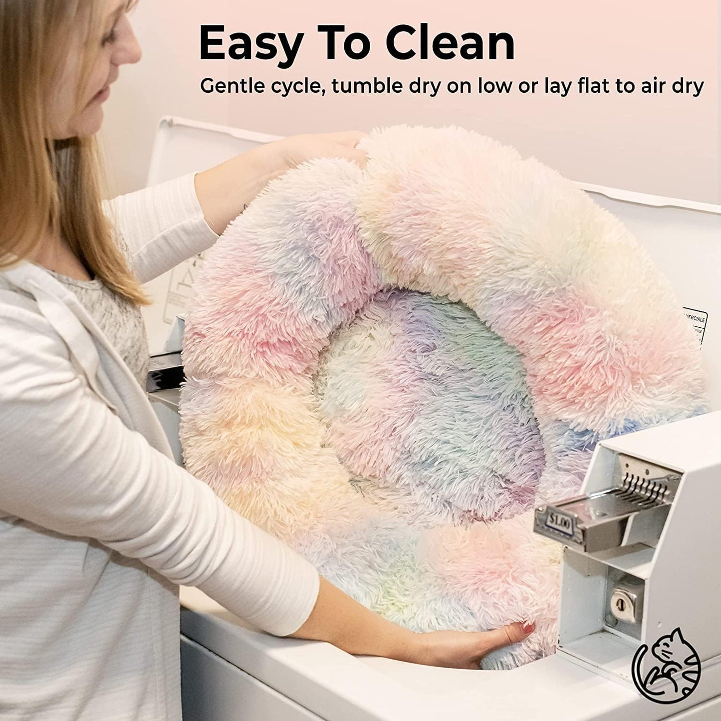 Cat Beds for Indoor Cats - Anti Anxiety Round Dog Beds for Small Medium Dogs, Fluffy Plush Faux Fur Pet Bed (Rainbow, Large 24" L x 24" W)