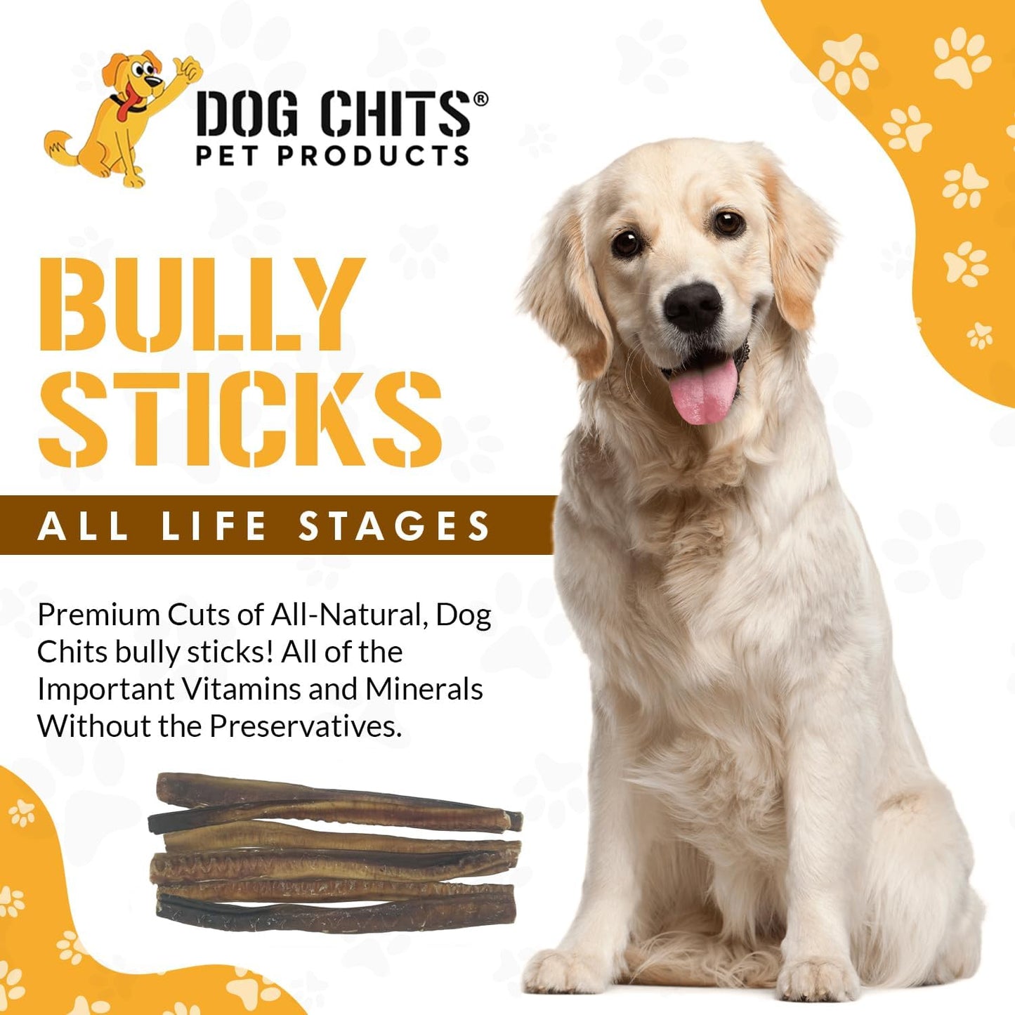 Dog Chits Bully Sticks for Dogs and Puppies | 12-inch, 6 Pack | Natural Healthy Long Lasting Chew for Large and Small Dogs Protein Treats | Odor Free