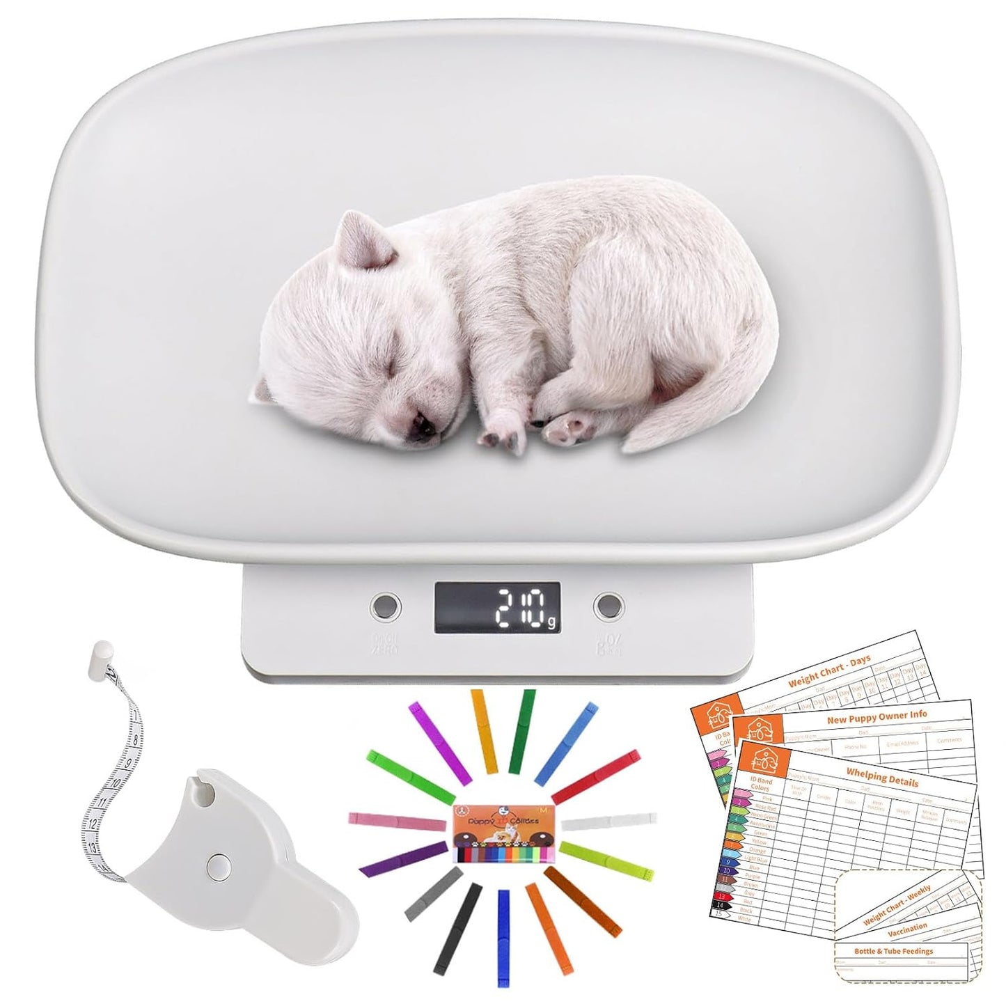 Digital Small Animals Scales for Weighing with Tape Measure, Puppy Whelping Scale Weigh Your Kitten, Rabbit with High Precision, Inclue 15 Color Newborn Puppy Collars and 6 Record Keeping Charts