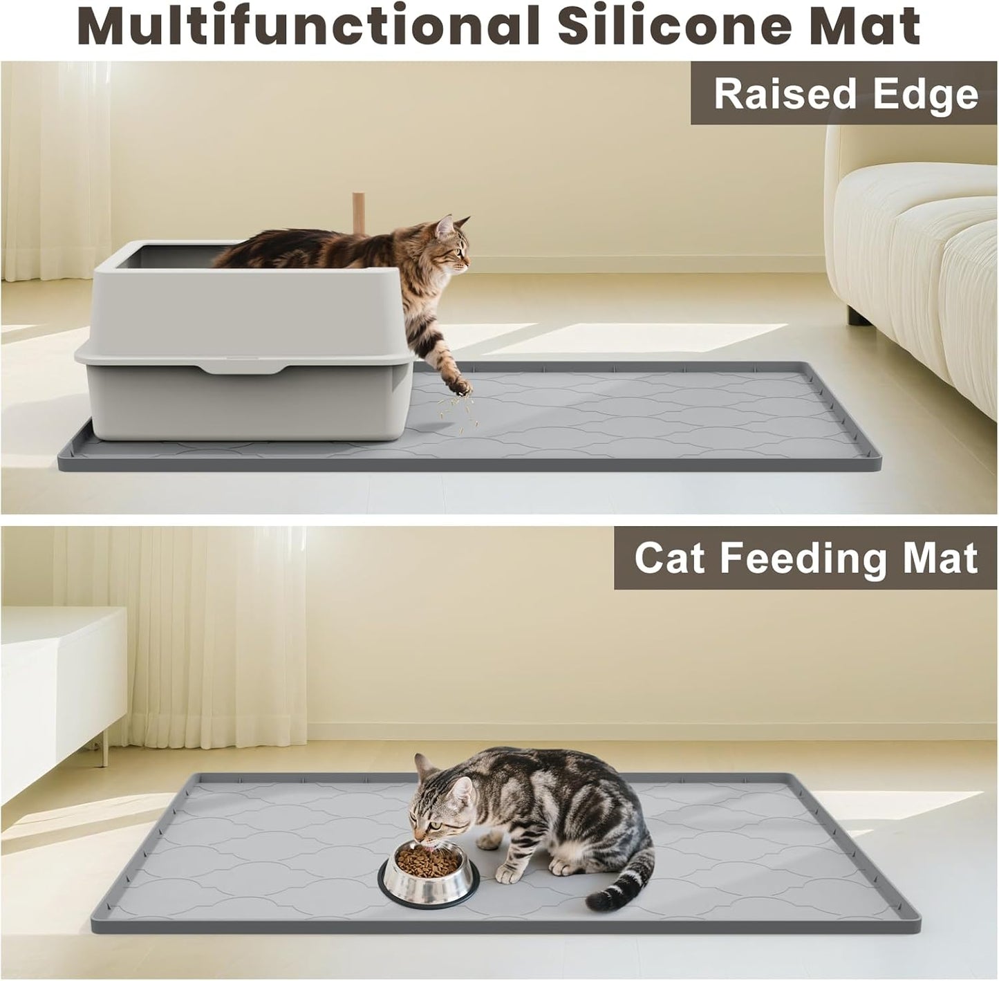 Cat Mat for Litter Box, 38" X 26" Large Silicone Cat Litter Trapping Mat, Easy Clean for Scatter Control, Soft on Kitty Paws, Waterproof, Urine-Proof, Non-Slip Kitty Litter Mat for Floor, Gray