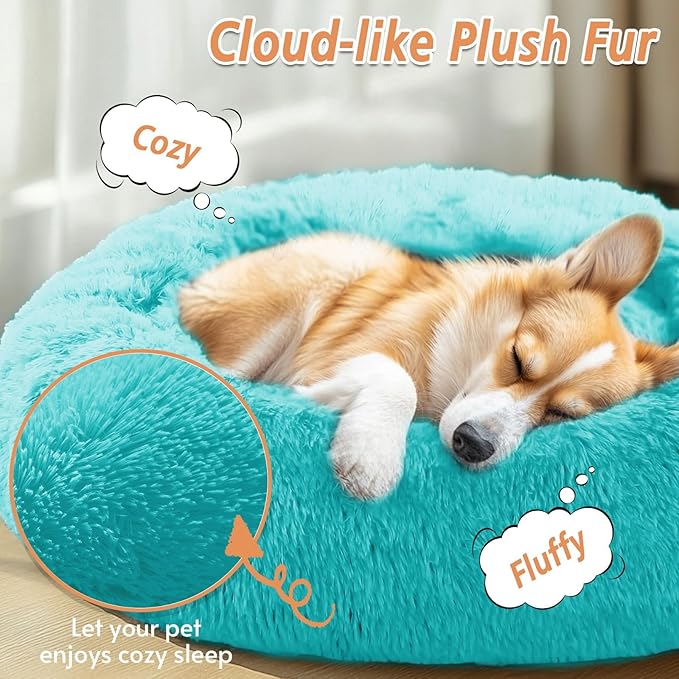 JOLLYVOGUE Medium Calming Dog Bed, Anti-Anxiety Donut Cuddler Cat Bed with Anti-Slip Bottom, Fluffy Faux Fur Machine Washable Pet Cushion for Medium Large Dog & Cat (31")