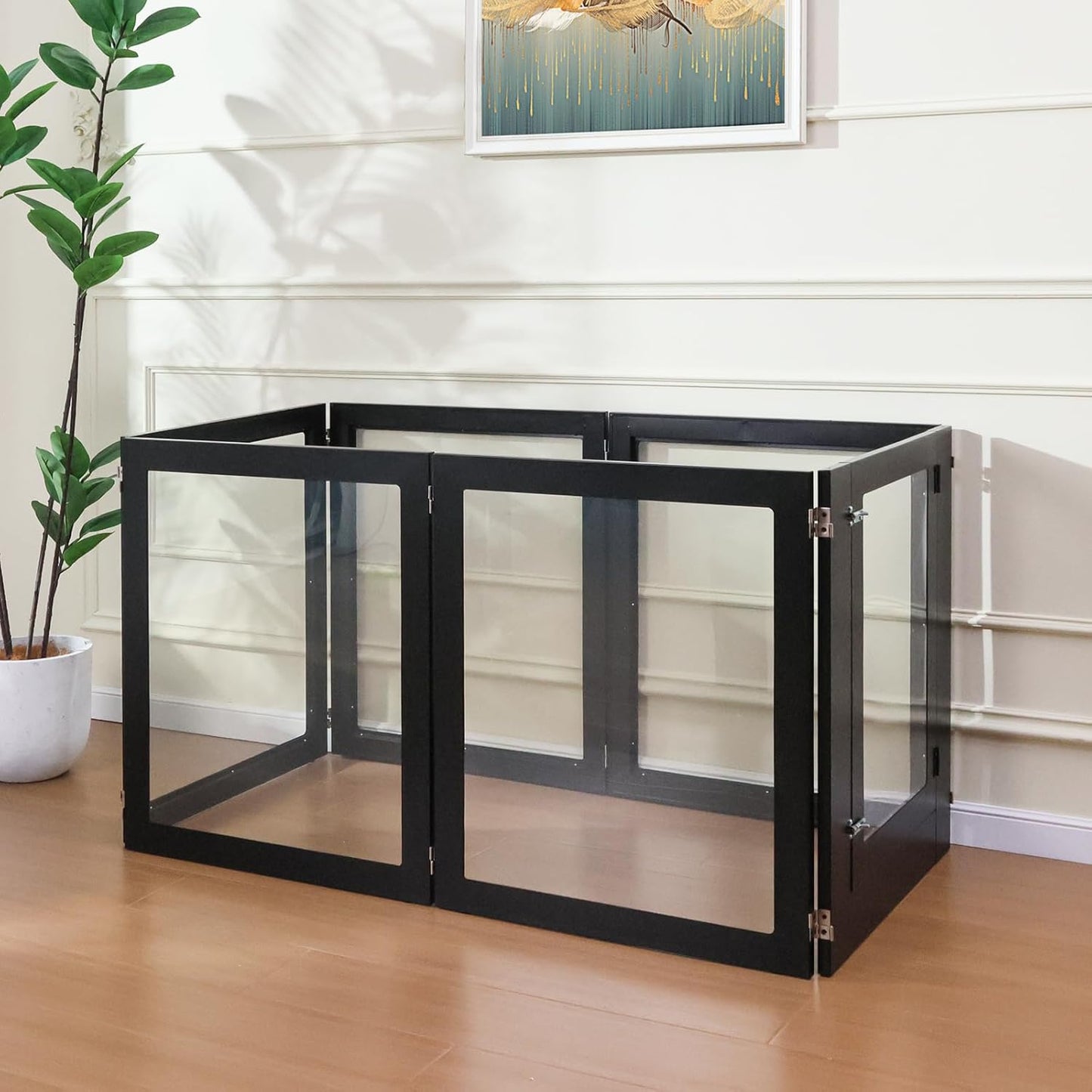 Heavy Duty Clear Acrylic Dog Playpen, Transparent Pet Pen, Metal Frame Easy Assemble Kennel Enclosure, Ideal for Small to Medium Dogs, Cats, and Other Small Pets (Black, 6 Panels with Door)