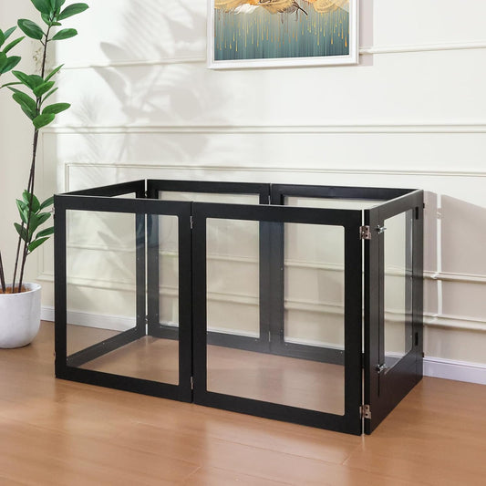 Heavy Duty Clear Acrylic Dog Playpen, Transparent Pet Pen, Metal Frame Easy Assemble Kennel Enclosure, Ideal for Small to Medium Dogs, Cats, and Other Small Pets (Black, 6 Panels with Door)