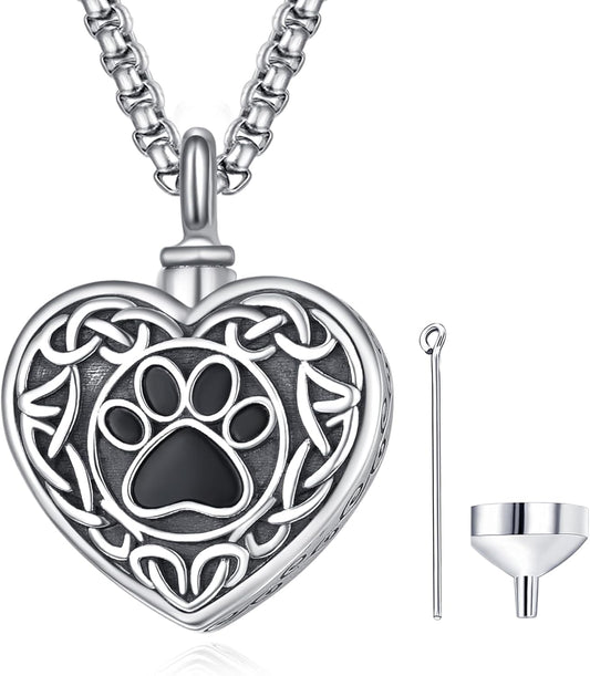 Pet Cremation Urn Necklace for Dog Cat Ashes 925 Sterling Silver Paw Print Keepsake Pendant Celtic Knot Memorial Jewelry for Women Men
