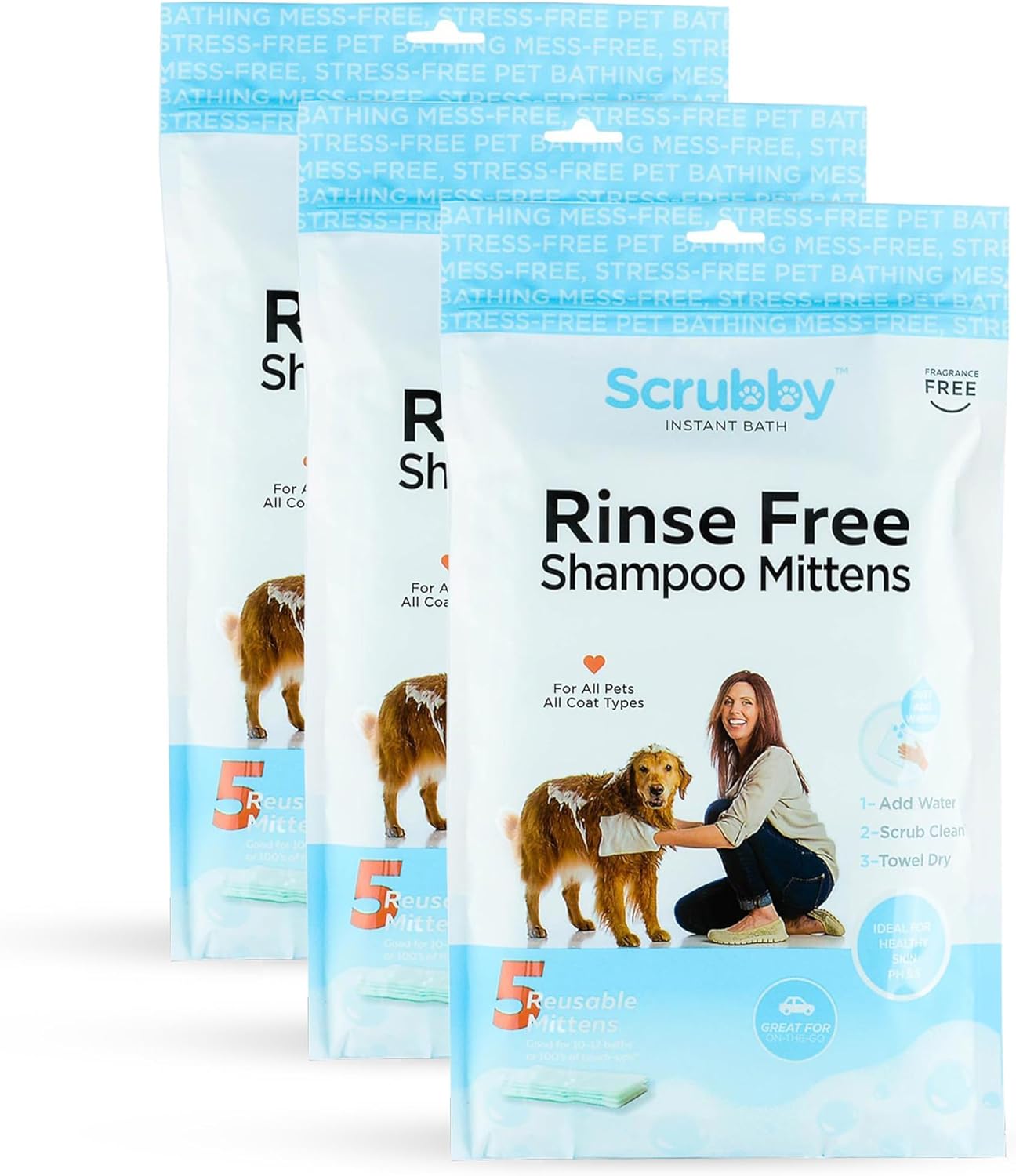 No Rinse Pet Wipes | Rinse Free Shampoo Mittens | Dogs & Cats | Bath Wipes - Bathing & Washing Pets, Hypoallergenic | No Rinse Wash Mitt | Grooming, Lather Wipe Dry - Pack of 15