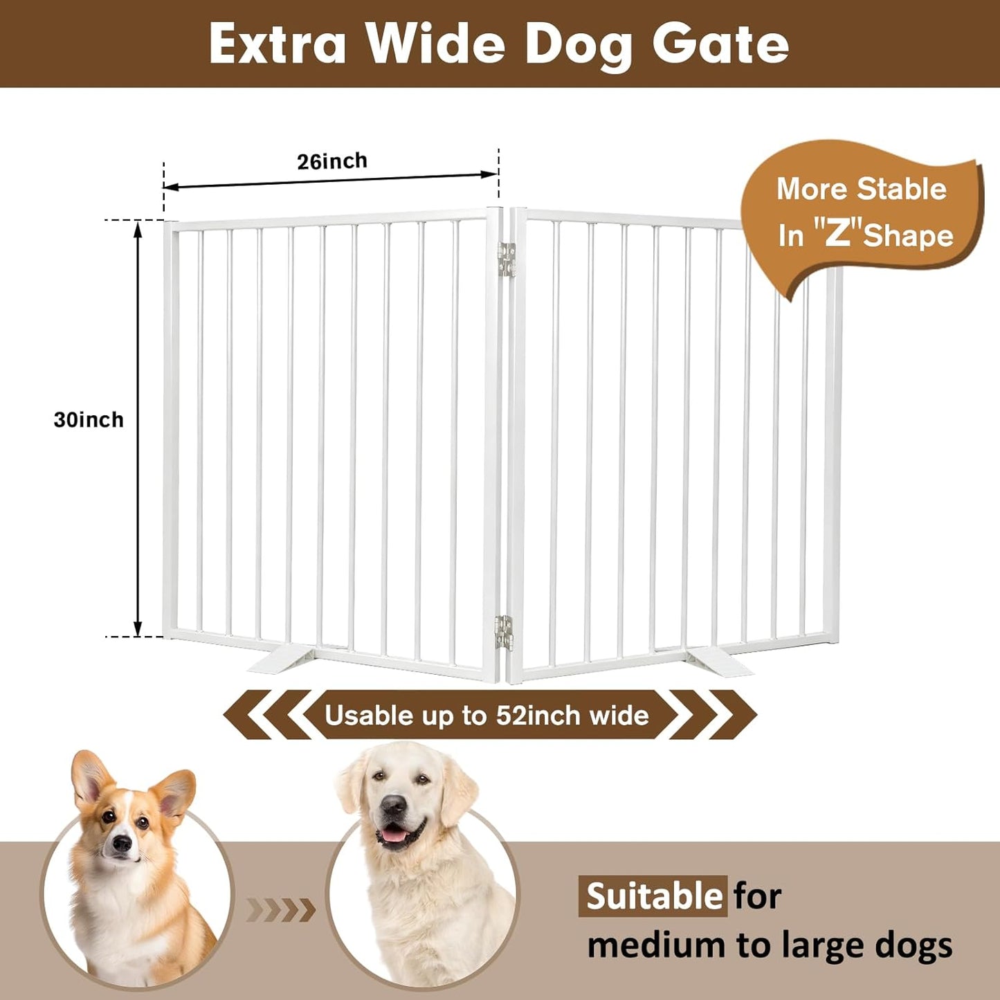 52" Dog Gate Extra Wide, Heavy Duty Metal Freestanding Dog Gate with Door for Indoor & Outdoor, Foldable Pet Fence for Stairs, Doorways,House,Porch,Deck,Yard, Auto Close(2 Panels,White)
