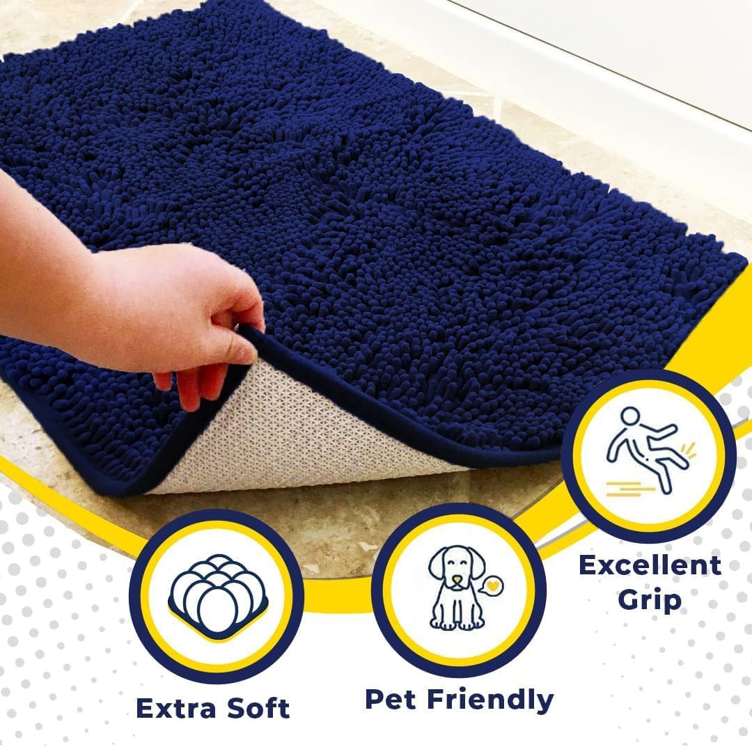 Muddy Mat® AS-SEEN-ON-TV Highly Absorbent Microfiber Dog Door Mat and Pet Rug, Non Slip Thick Washable Area and Bath Mat Soft Chenille for Kitchen Bathroom Bedroom and Indoor - Navy Blue XXXL 72"X48"