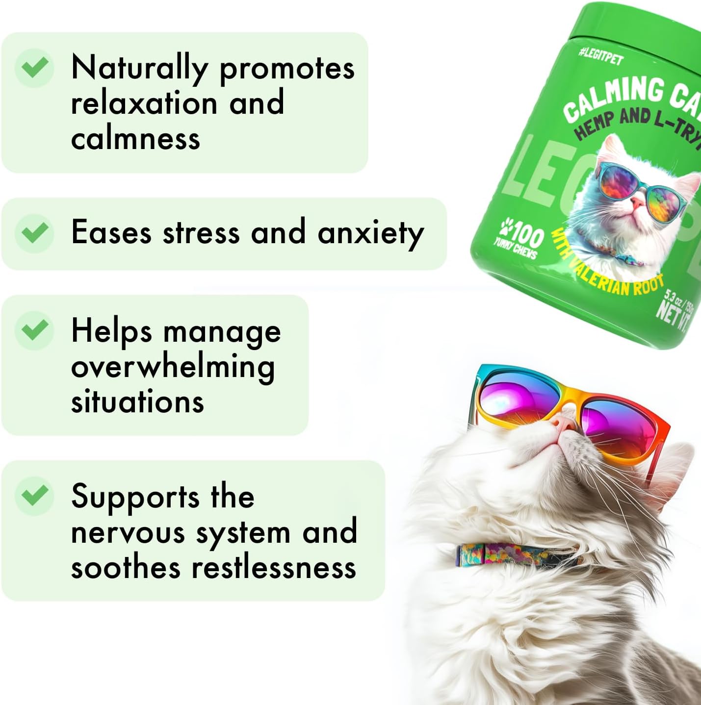 Cat Calming Treats Natural Anxiety Relief for Indoor Cats Stress & Travel Storm Separation Support Helps with Vet Visits, Grooming & Loud Noises Soothing Behavior Aid 100 Yummy Chews
