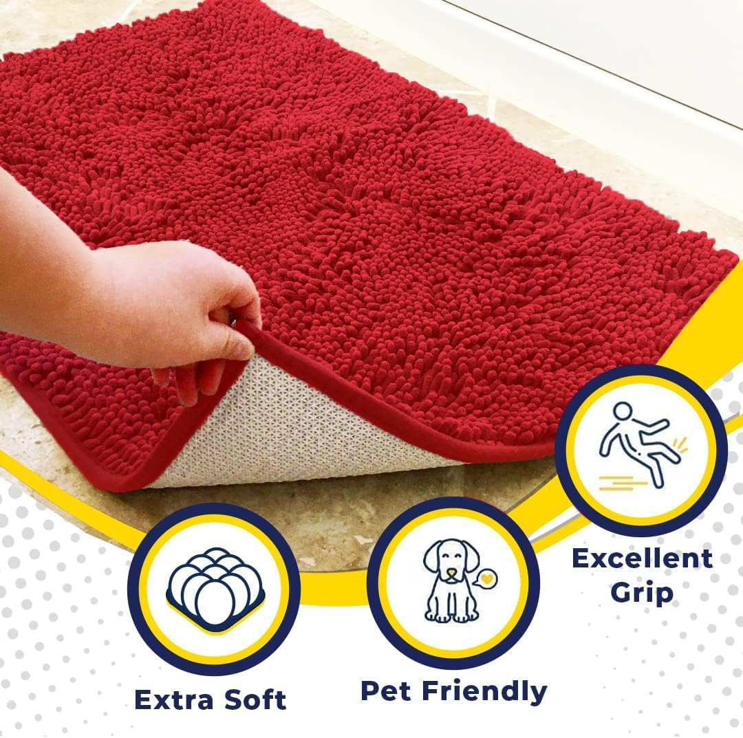 Muddy Mat® Pack of 3 Highly Absorbent Microfiber Dog Door Mat and Pet Rug, Non Slip Thick Washable Area Mat Soft Chenille for Kitchen Bathroom Bedroom and Outdoor - Red Small, Medium & Large