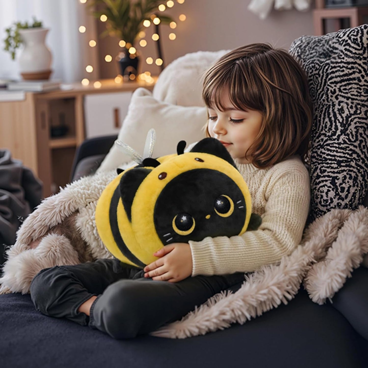 Cute Black Cat Bee Plush Pillow, Kawaii Plushies Bee Stuffed Animal Toy, Kitten Plushies with Honeybee Outfit Costume, Soft Squishy Birthday Gifts for Kids & Girls (16 Inch)